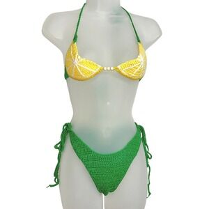 New Small Crochet Bikini Set Lemon Slice Halter Top Thong Tie Side Swimsuit‎